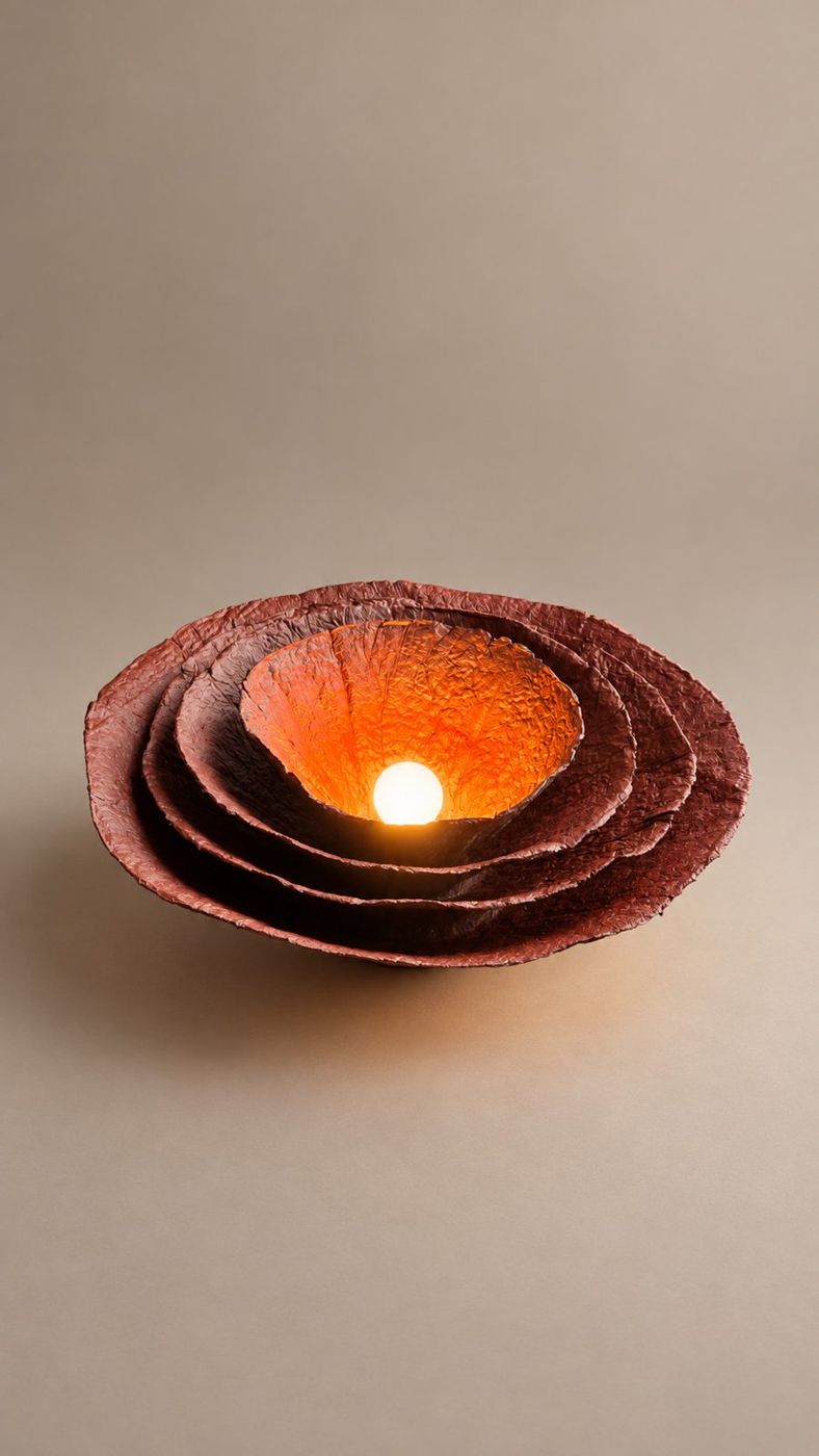 Bloom by Sonomi Atelier, a layered recycled-paper lamp glowing orange
